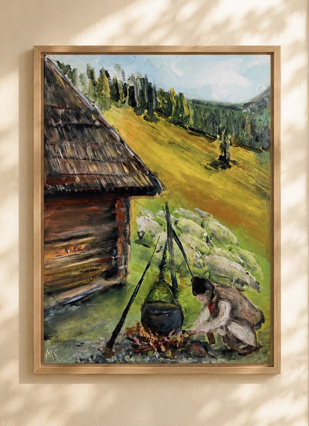 Interior visualisation of Shepherd’s Lunch. Life in the Carpathians by Marina Stognieva framed on a wall